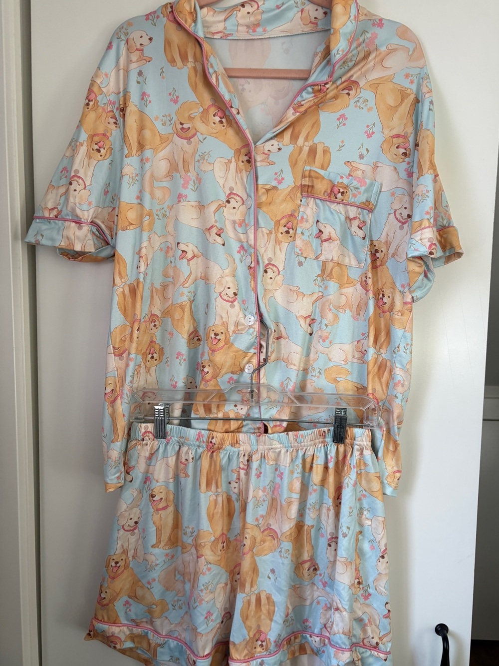 Adorable Women's Light Blue golden retriever Print Short Pajama Set